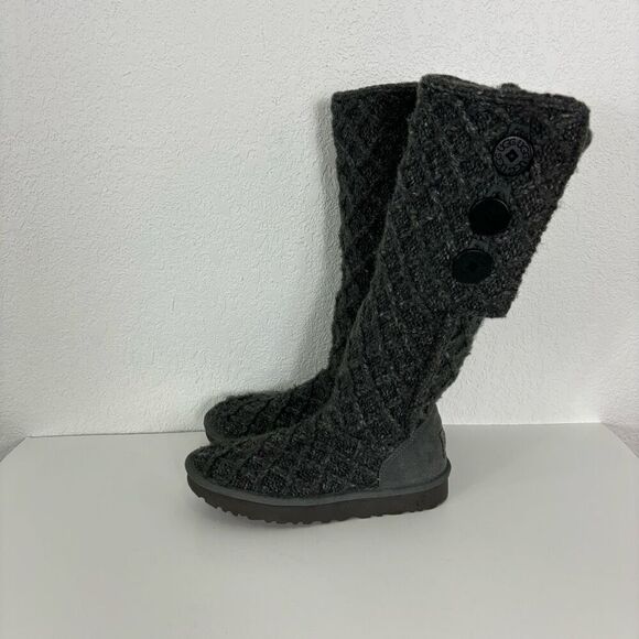UGG Grey & White Crochet Knit Tall Cardi Winter Boots - Picture 1 of 8